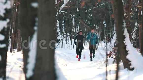 年轻男女在美丽的阳光下在冬天的森林里慢跑视频的预览图