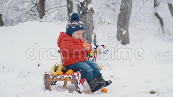 带雪橇的小男孩视频的预览图