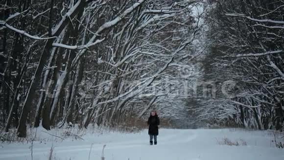 年轻女子在冬天的森林里迷失了方向视频的预览图