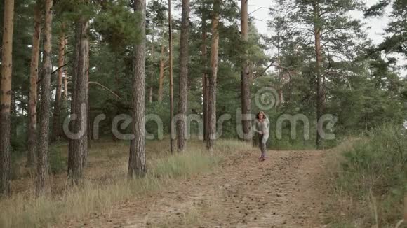 跑步者穿过松林一个穿灰色运动服的金发女郎在森林里奔跑视频的预览图