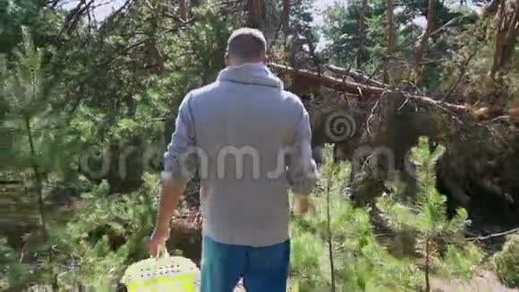 一个人拿着篮子和一把刀在针叶林里散步寻找蘑菇视频的预览图