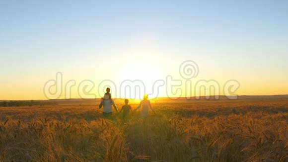 幸福的一家人正沿着夕阳背景下的麦田漫步视频的预览图
