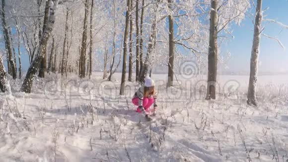喜欢冬天下雪的女人在户外扔雪站在雪下视频的预览图