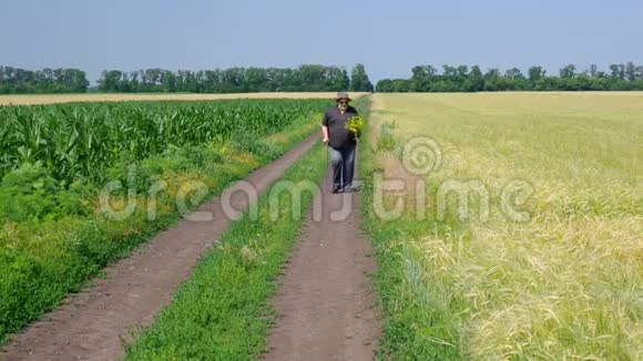 一个胖老头带着一束野花走在乡间视频的预览图