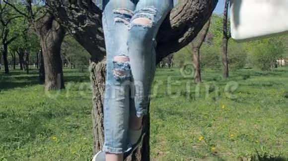 公园里有电话的女孩一个十几岁的女孩坐在一棵树上拿着一部电话一个穿破牛仔裤的女孩坐在树上视频的预览图