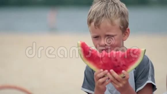 小男孩在海滩上吃美味的西瓜视频的预览图