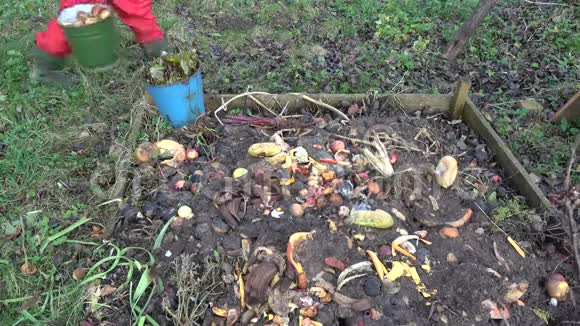园丁将蔬菜和水果倒入堆肥堆中视频的预览图