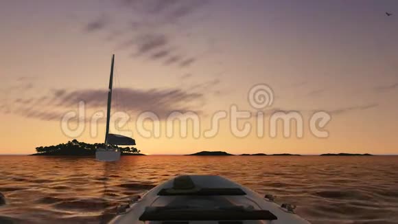 日出时间船和鸟海景观视频的预览图