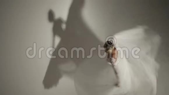美丽的新娘跳舞带火车的蓬松长裙子白色背景美丽的形状和阴影视频的预览图