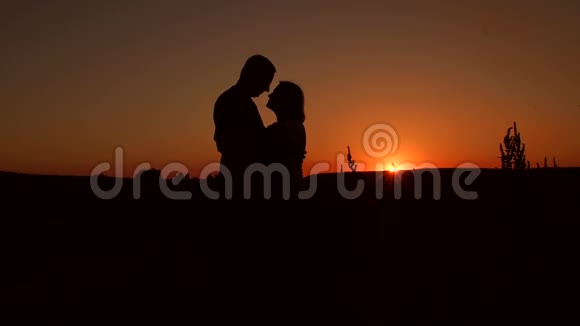 日落时拥抱老年夫妇的剪影视频的预览图