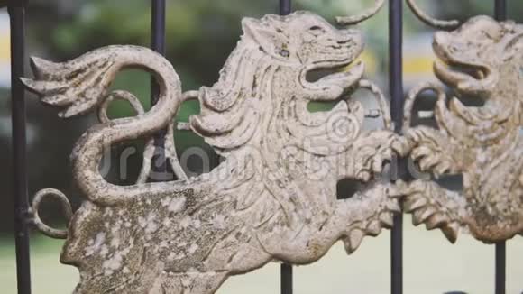 古老的皇家豪华宫殿的锻铁门上有两只金雕狮子摄像机慢慢地旋转和滑动视频的预览图