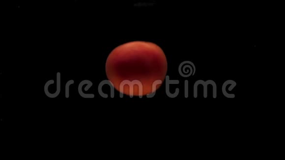 一只红番茄在黑色背景下掉在透明的水里视频的预览图
