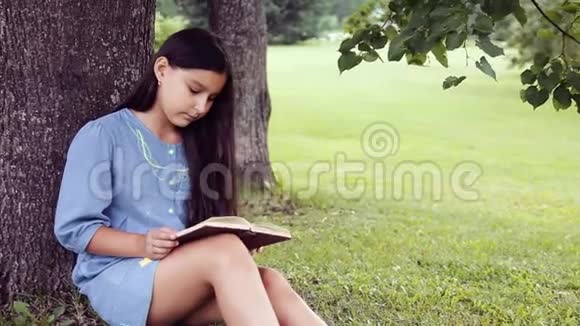 一个留着长发的漂亮小女孩读着一本书坐在树下梦见了一些令人愉快的事情视频的预览图