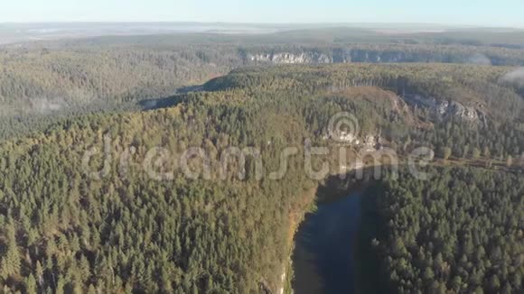 缓慢的空中飞行向后越过一条平缓的山河松林云视频的预览图