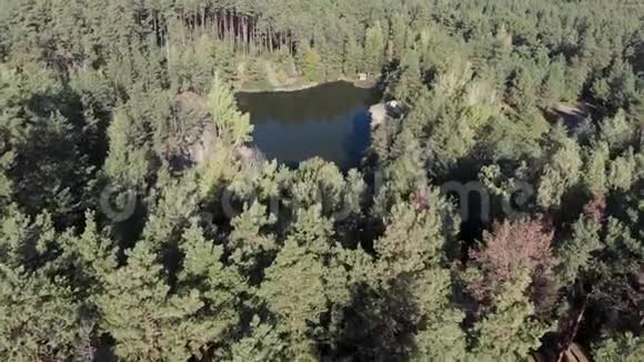 有岩石和木制码头的森林湖鸟瞰图视频的预览图