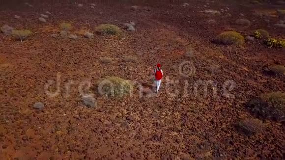 西班牙加那利群岛特内里费火山表面徒步旅行的女性鸟瞰图视频的预览图