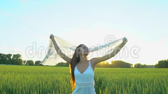 美丽的女孩戴着围巾随风飞翔日落时在麦田里奔跑自由健康幸福观念视频的预览图