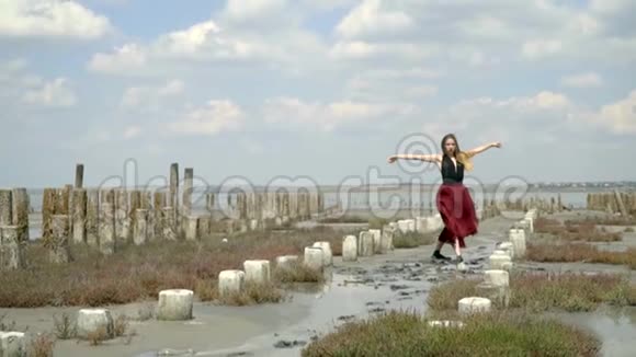 一个穿着裙子的女孩在废弃的太阳能池中的咸河口上摆姿势视频的预览图
