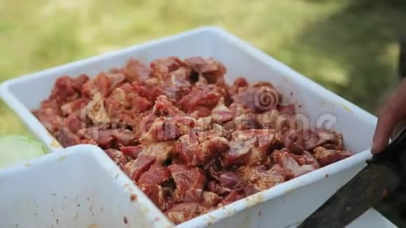 把肉切成肉串的厨师的特写视频的预览图