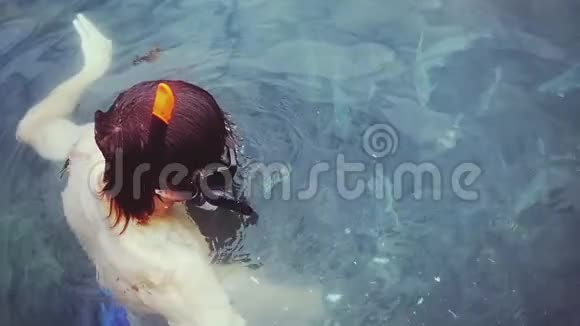 年轻人戴着面具浮潜在海里看起来像鱼慢动作1920x1080视频的预览图