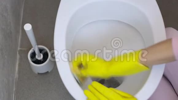 女人用海绵清洁厕所视频的预览图