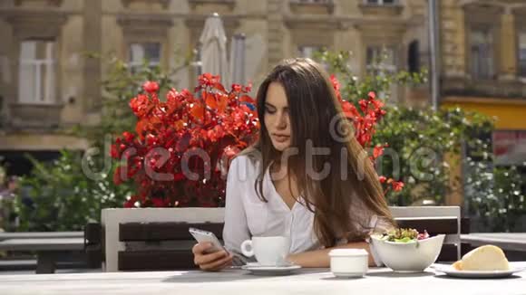 布鲁内特女士在红花前坐在餐厅时在手机上读到一些东西视频的预览图