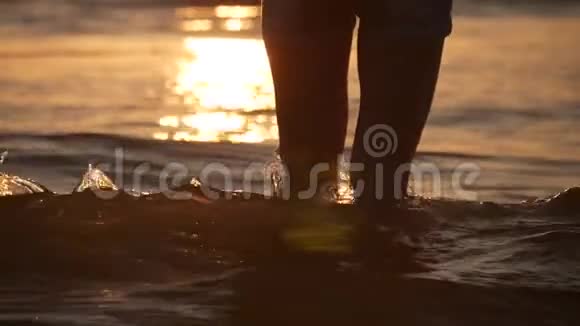 徒步旅行者赤脚在岸上行走的女性脚年轻女子沿着海边的腿女孩踩着视频的预览图