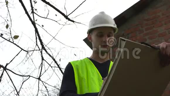 戴着头盔看图纸的建筑工人视频的预览图