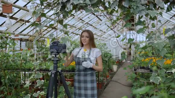 年轻的微笑博客写手女花匠围着围裙在网上为她的园艺博客聊天和录制视频博客视频的预览图