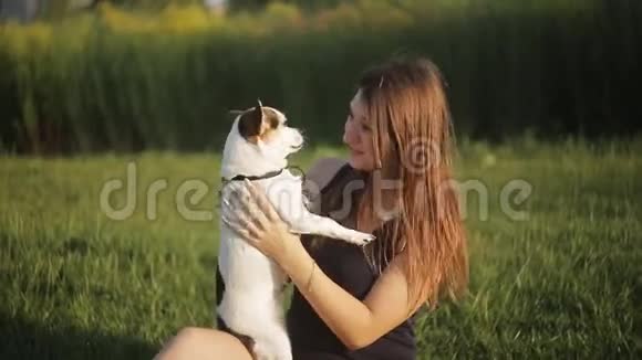 一个女孩和一只狗在大自然中接吻她背着一只狗视频的预览图