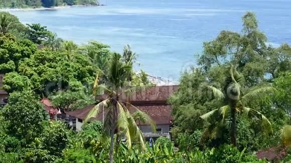 风景自然热带岛屿多岩山脉茂密的绿色丛林树木棕榈和海水海洋视频的预览图