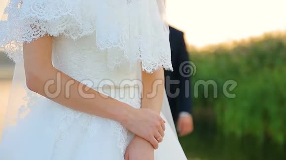 新娘和新郎拥抱在一个婚礼散步与湖视频的预览图