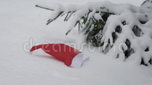 红白相间的圣诞老人帽子躺在云杉附近的雪地上白天风平浪静大雪纷纷扬扬视频的预览图