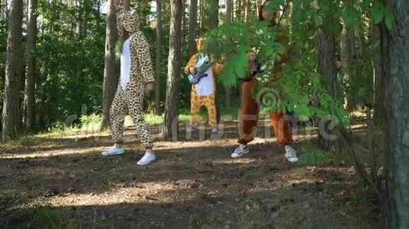 疯狂的人穿着动物服装跳舞跳跃在草地上的森林里玩得开心男女音乐家们为他们的服装打扮视频的预览图