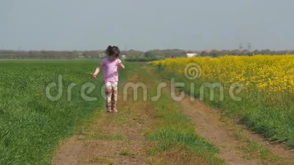 小女孩在草地上奔跑这孩子在乡间小路上跑步一个快乐的孩子穿着黄花跑油菜田视频的预览图