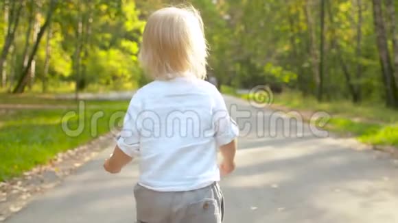 可爱的幼儿在公园的路上散步视频的预览图