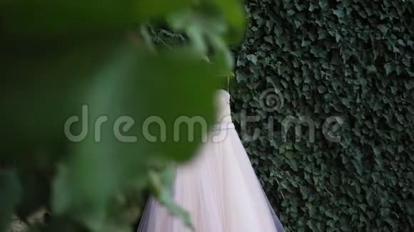 婚礼前在绿色花园的肩膀上挂着珍珠的婚纱结婚礼服的特写视频的预览图