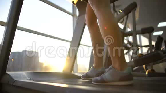女性运动员腿慢走跑步机有氧运动耐力视频的预览图