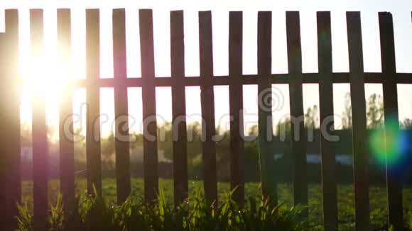 日出时太阳光束在木栅栏上耀斑视频的预览图