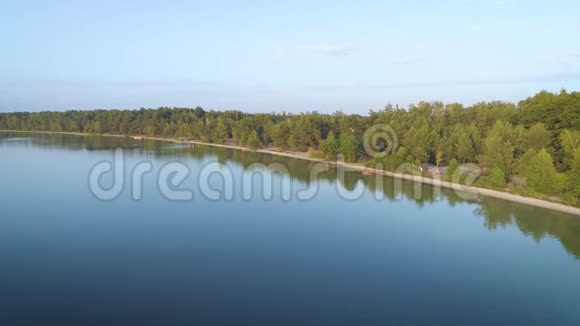 4K航空摄影在平静的湖面和森林海岸上飞行全景视频的预览图