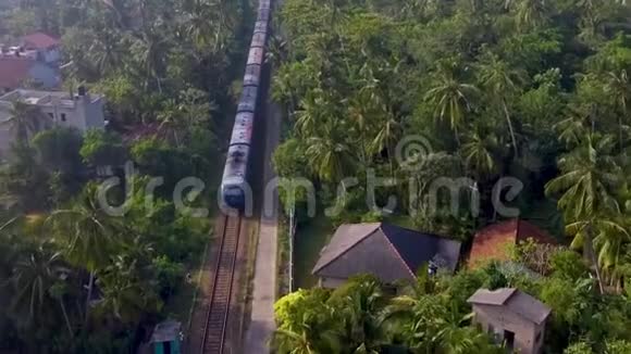 慢镜头空中拍摄的老火车穿越绿色热带与棕榈树和别墅视频的预览图