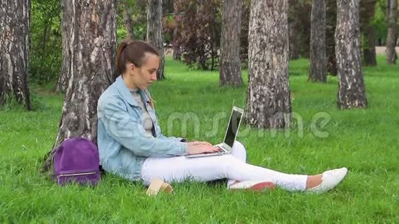 年轻漂亮的商务女性在户外使用笔记本电脑视频的预览图