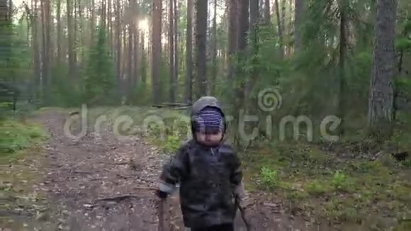 可爱的小男孩在松林公园散步孩子累了苦恼和失望视频的预览图