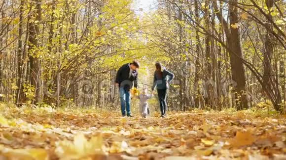 秋天公园的幸福家庭父母带着孩子在公园里散步4k视频的预览图