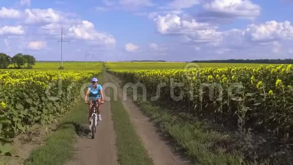 骑自行车骑在盛开的向日葵的田野上慢动作视频的预览图