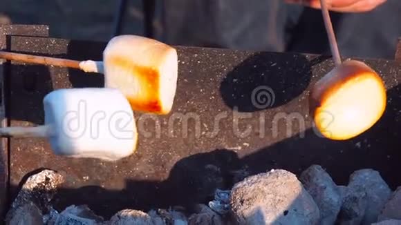 肉串上的棉花糖在木桩上炸了在热炭上烤棉花糖视频的预览图