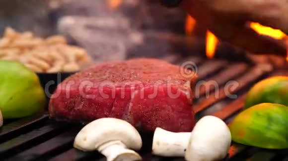 人手旋转鲜切蔬菜烤盘与大块牛肉牛排粉肉在森林营火焰视频的预览图