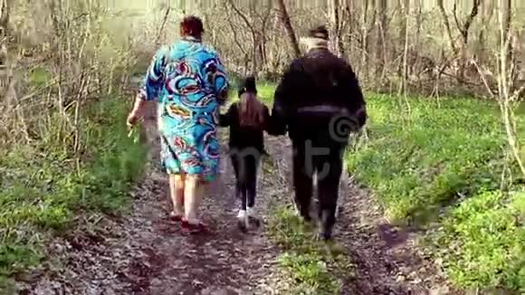 多代家庭在春天阳光明媚的森林里带狗散步视频的预览图