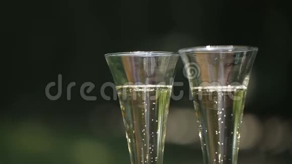 两杯香槟的特写镜头在模糊的绿色背景下漂浮着气泡视频的预览图