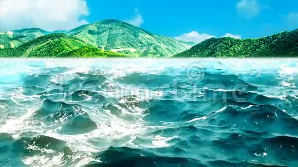 高品质动画的海洋波浪与美丽的青山背景四处游荡视频的预览图